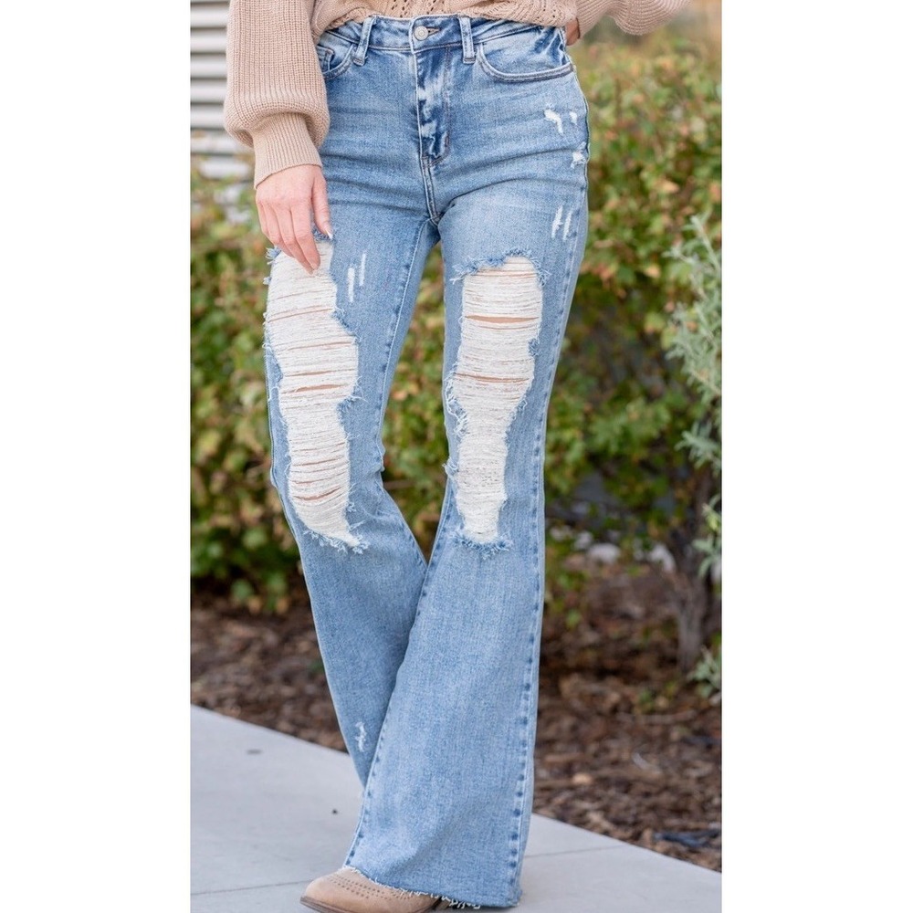 Judy Blue Flare Fit Distressed High Rise Jeans Light Wash JB88457 Womens 13/31